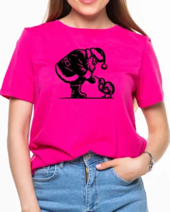 Kiwi Santa Christmas T-Shirt in Pink featuring Santa and a kiwi bird