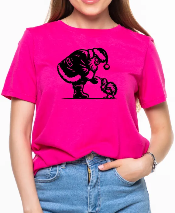 Kiwi Santa Christmas T-Shirt in Pink featuring Santa and a kiwi bird