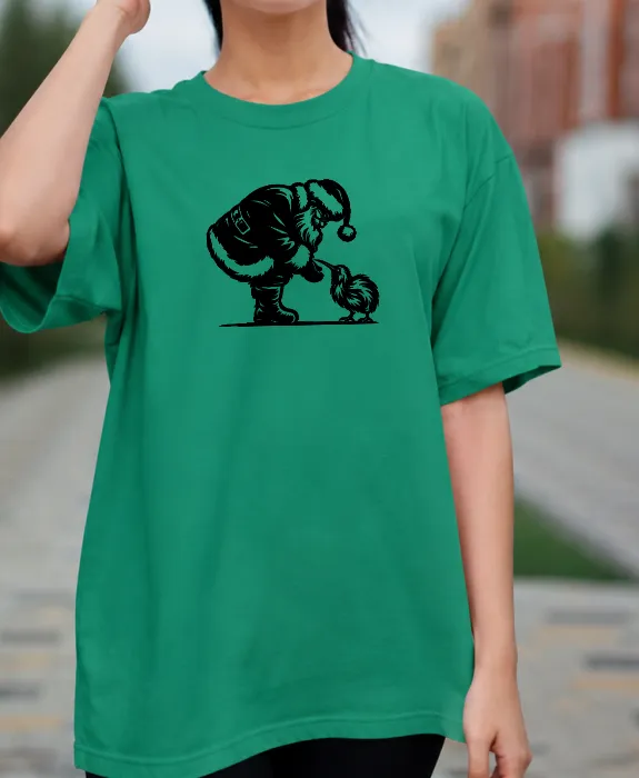 Kiwi Santa Christmas T-Shirt in green featuring Santa and a kiwi bird