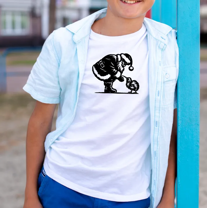 White Kiwi Santa Christmas T-Shirt featuring Santa and a little kiwi bird