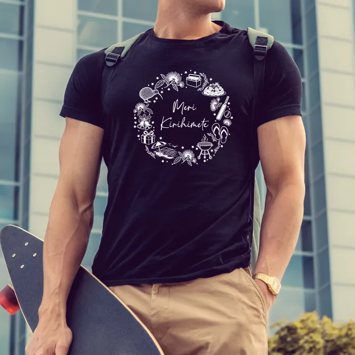 Black Meri Kirihimete Christmas T-Shirt with white Kiwiana festive illustrations
