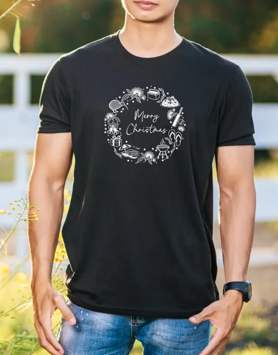 Black Merry Christmas T-Shirt featuring white New Zealand summer Christmas illustrations