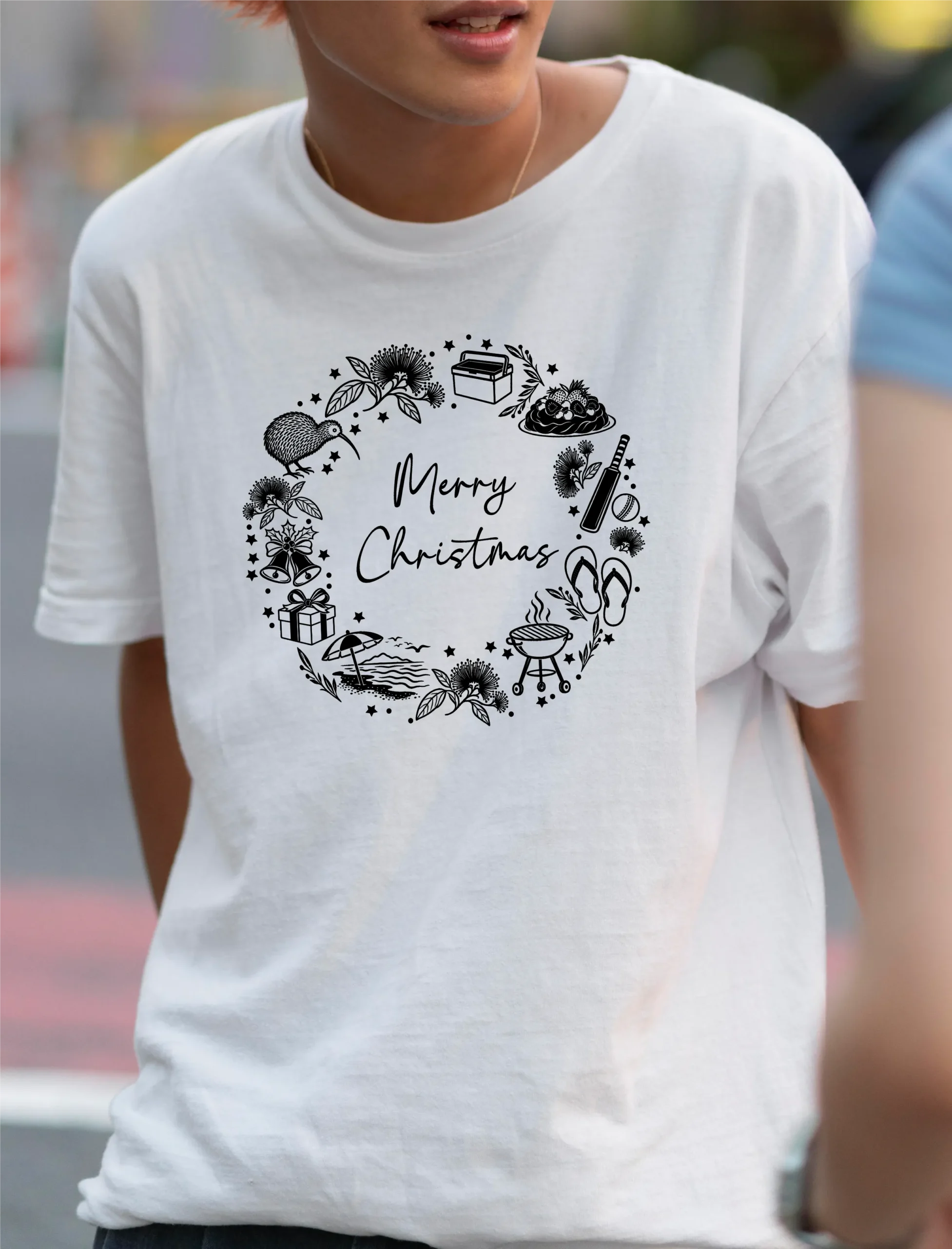 White Merry Christmas T-Shirt with black Kiwiana summer Christmas design