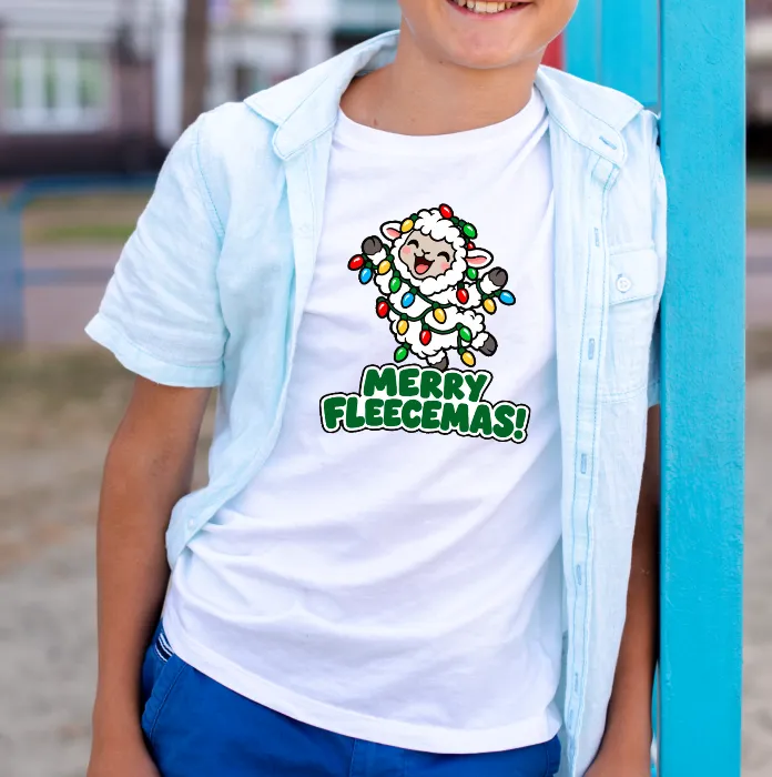 White Merry Fleecemas Christmas T-shirt with colourful sheep and Christmas lights illustration
