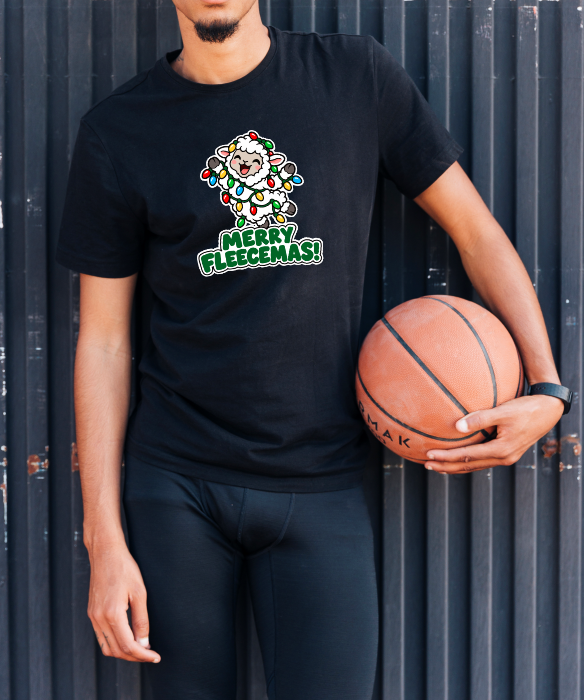Men's black Merry Fleecemas Christmas T-shirt with colourful sheep and Christmas lights design