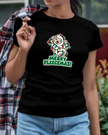 Women's black Merry Fleecemas Christmas T-shirt featuring a cute sheep wrapped in Christmas light