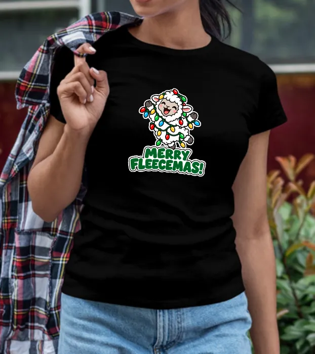 Women's black Merry Fleecemas Christmas T-shirt featuring a cute sheep wrapped in Christmas light
