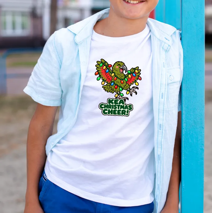 White Kea Christmas Cheer T-Shirt featuring colourful native New Zealand kea and festive lights