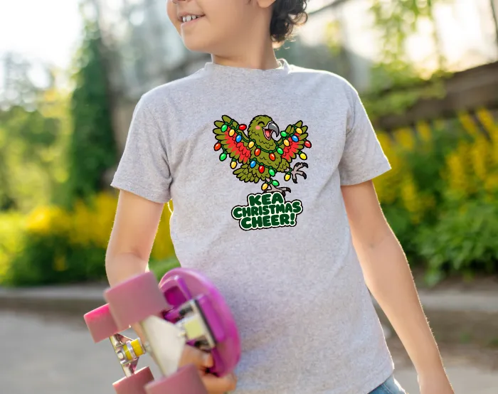 Kids grey marle Kea Christmas Cheer T-Shirt with colourful kea bird Christmas design