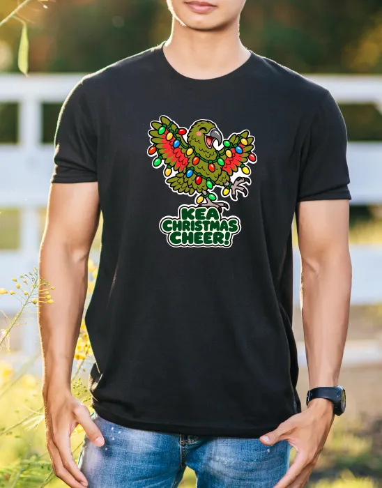 Kea Christmas Cheer T-Shirt in black featuring colourful New Zealand kea and Christmas lights