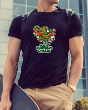 Men's black Kea Christmas Cheer T-Shirt with colourful festive kea bird illustration