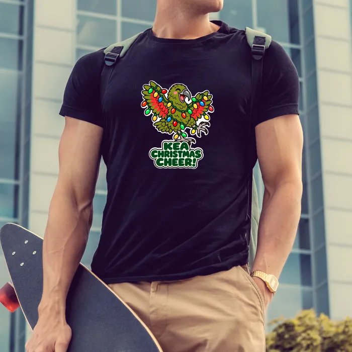 Men's black Kea Christmas Cheer T-Shirt with colourful festive kea bird illustration